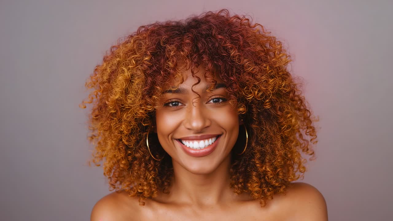 Smiling model greeting viewer, maintaining grin and blinking in studio with gold hoop earrings