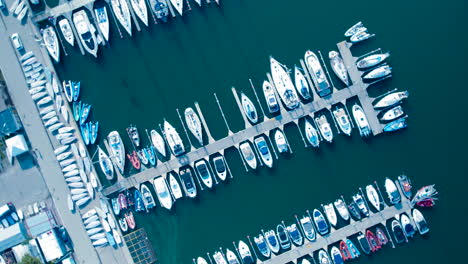 marina with docking boats in gdynia, poland - aerial orbit