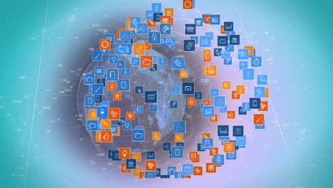 animación de la red de conexiones con iconos sobre el globo y fondo azul