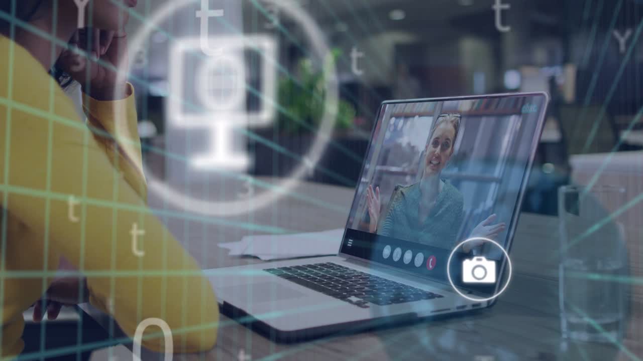 Woman watching while remote speaking, starting grid and phone-chat icons overlaying laptop for work