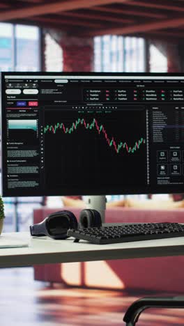 vertical video modern home with pc monitor ready for online stock trading and forex analysis