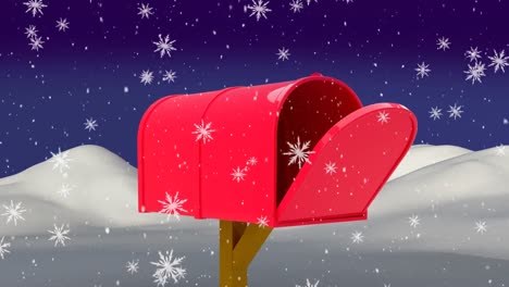 Animation-of-falling-snow-over-winter-landscape-and-mailbox