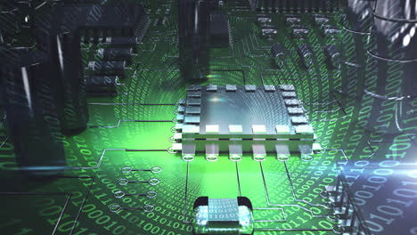 Animation-of-computer-circuit-board-elements-and-binary-coding-over-green-background