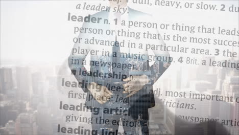animation of text over caucasian businessman and cityscape