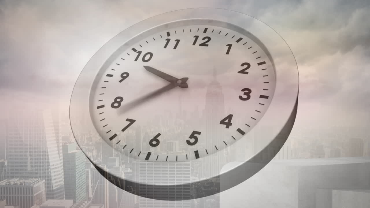 Clock showing 12:00 animation over cityscape with skyscrapers