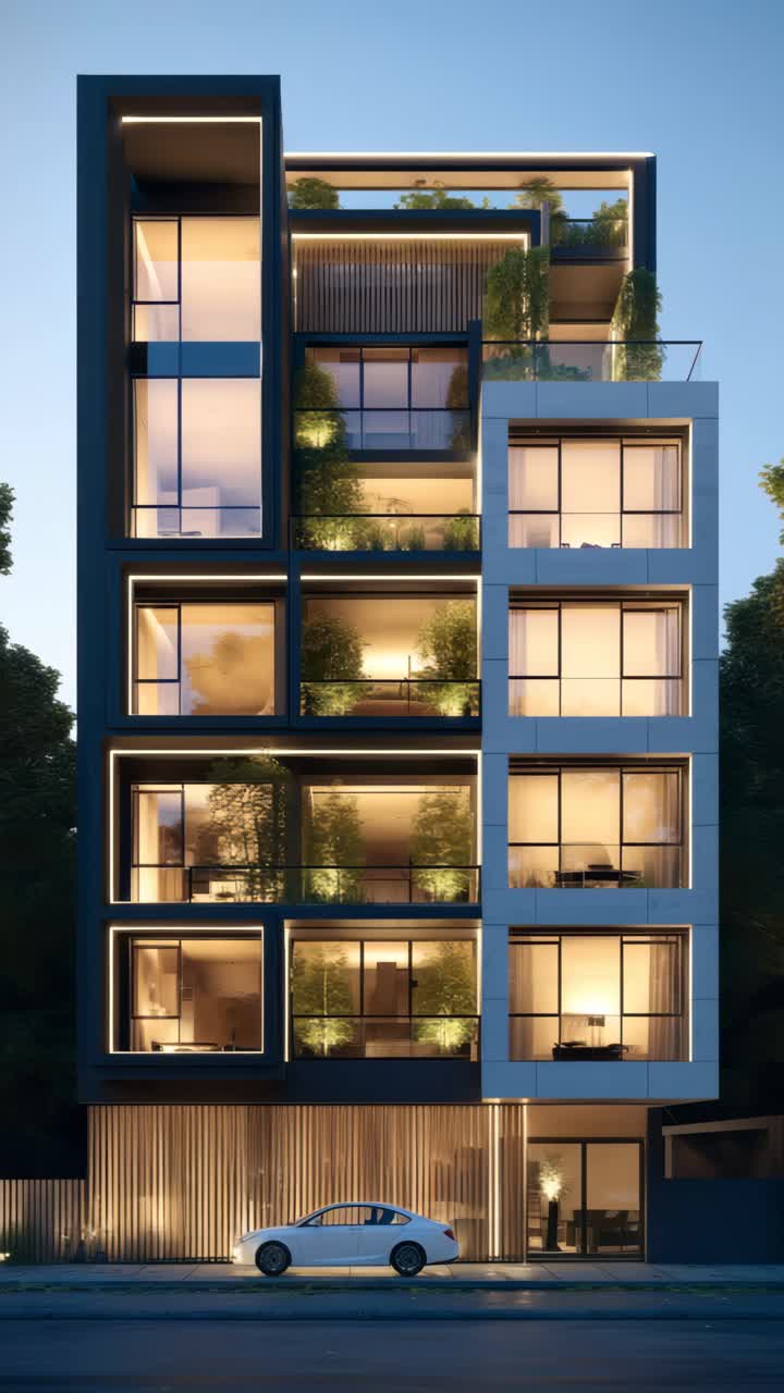 Modern apartment building at night, viewed from a low angle. Warm lights and greenery create a cozy
