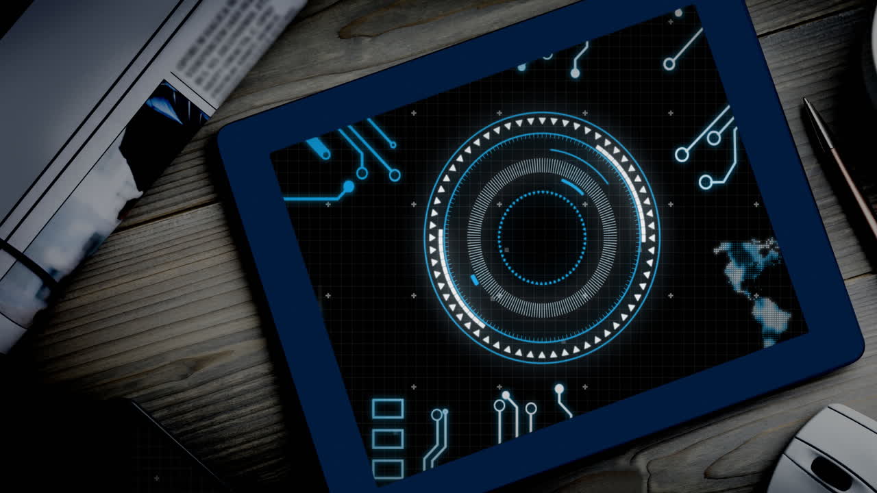 Animation of motherboard and circular scanner processing data on screen of tablet on desk