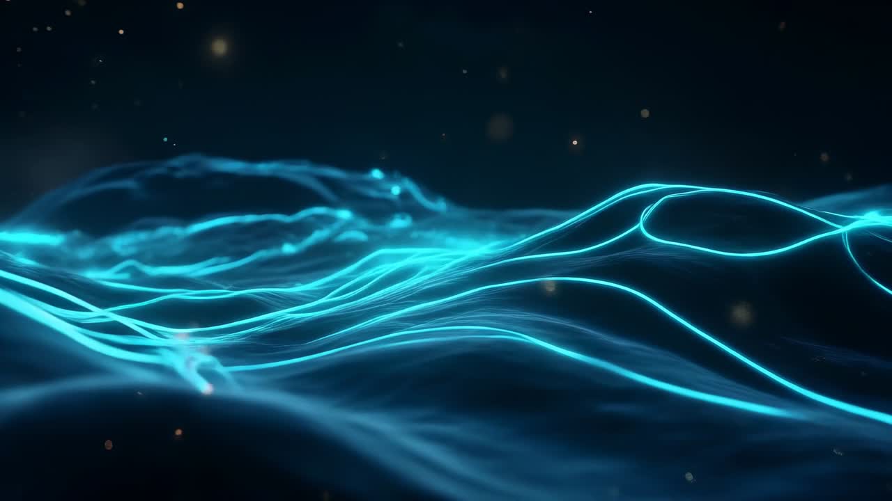 Camera moving forward revealing neon mesh rippling in void, exposing cyan filaments and gold sparks