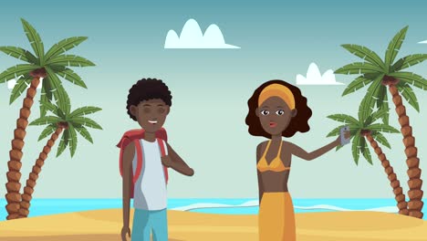 afro couple tourist on the beach characters