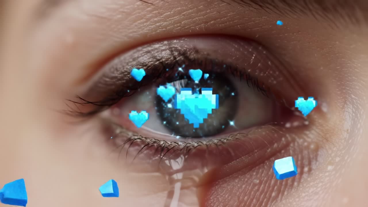 A Close-Up Perspective on Emotion: An Eye with a Pixelated Heart Capturing a Blend of Sadness and Digital Affection Through Tears
