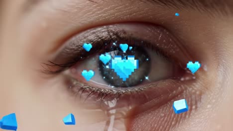 a close-up perspective on emotion: an eye with a pixelated heart capturing a blend of sadness and digital affection through tears