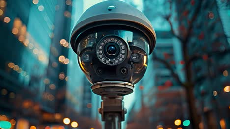 close-up of a security camera monitoring a city street at night