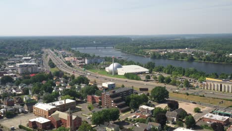 Basketball-Hall-of-Fame-in-Springfield,-Massachusetts-with-drone-video-moving-forward-wide-shot