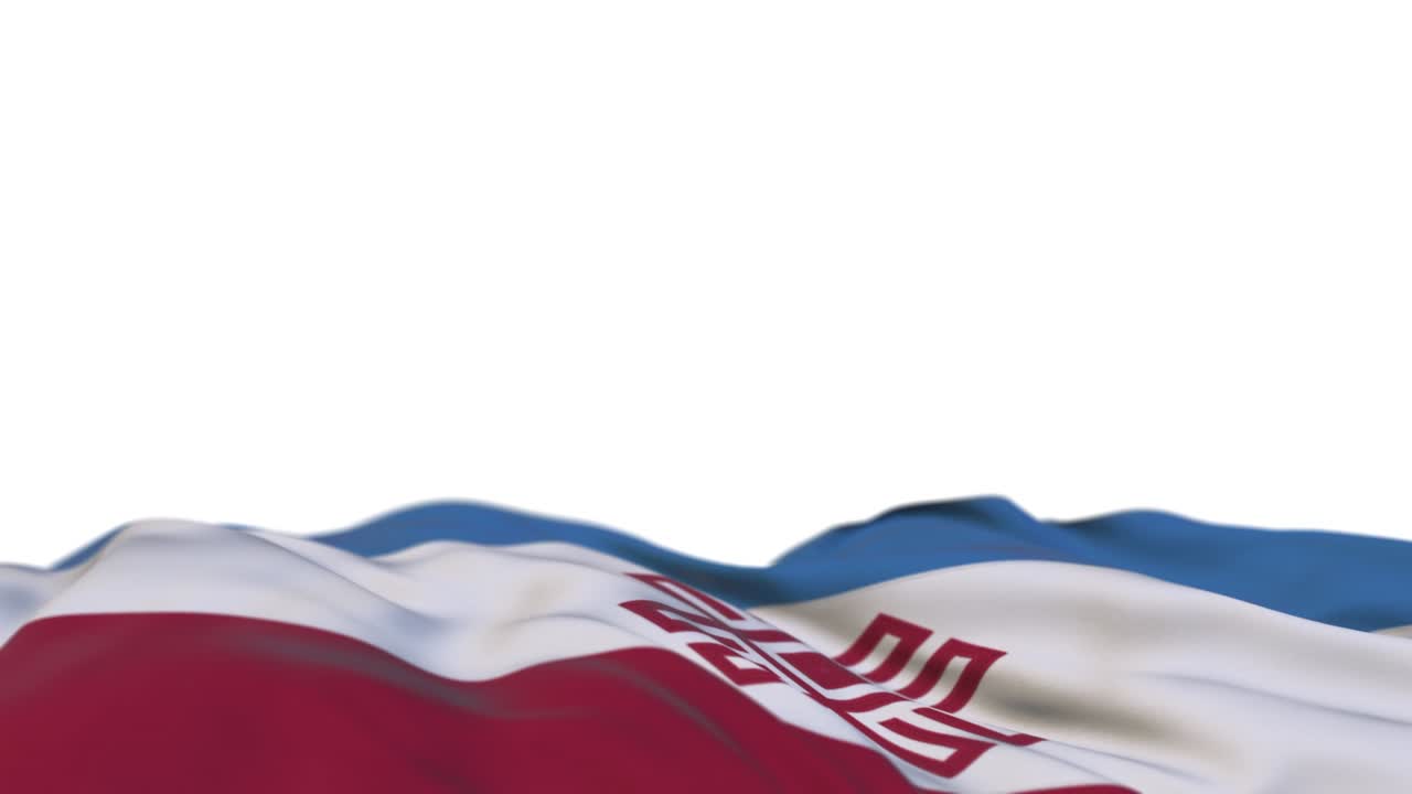 mari-el bandera de tela ondeando en el bucle del viento. mari-elsky bordado costurado estandarte de tela balanceándose en la brisa. fondo blanco medio lleno. lugar para el texto. bucle de 20 segundos.