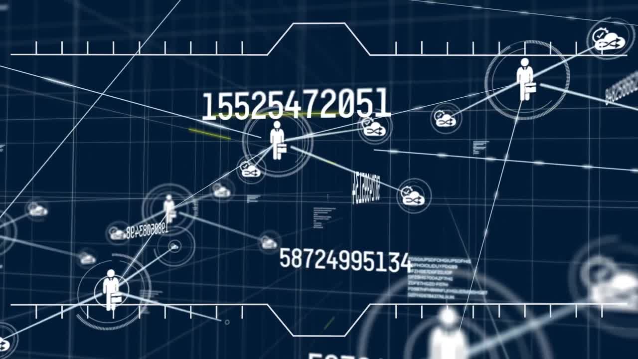 인터페이스의 애니메이션은 검은 바탕에  ⁇ 색으로 날짜와 연결된 사람 아이콘을 표시합니다.