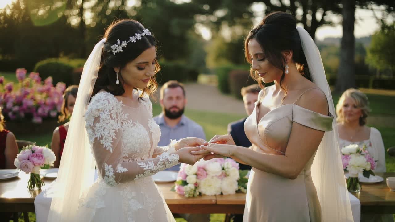 Sposa in pizzo che porge la mano, mentre la sposa in raso le fa scivolare un anello d'oro sul dito, durante un matrimonio in giardino.
