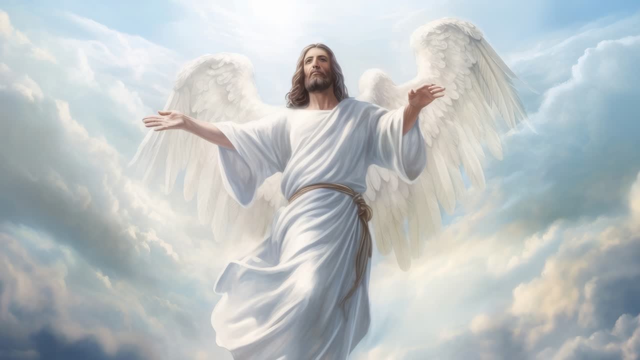 A divine figure with wings ascends through clouds, captured from a low-angle, evoking a celestial