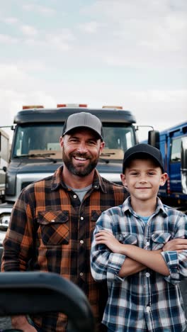 proud truckers posing by their truck on a sunny day.