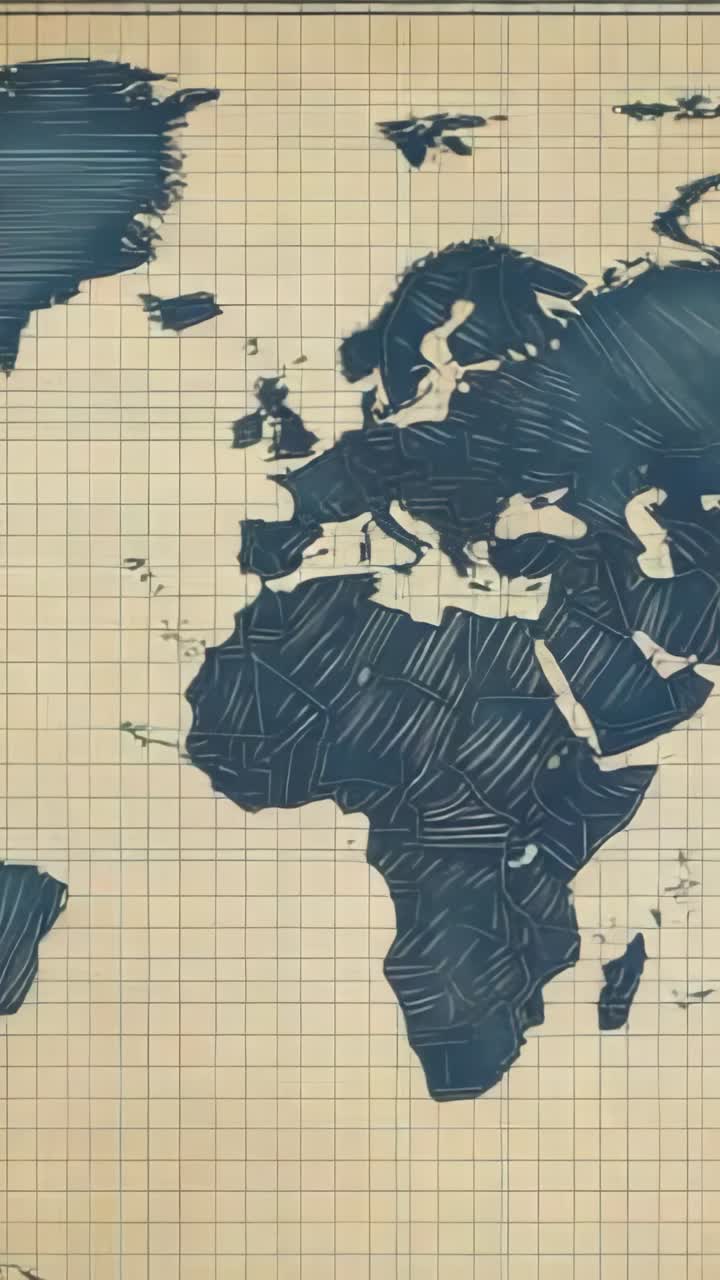 Vertical video: Displaying blue Europe and Africa map on beige grid paper for educational reference