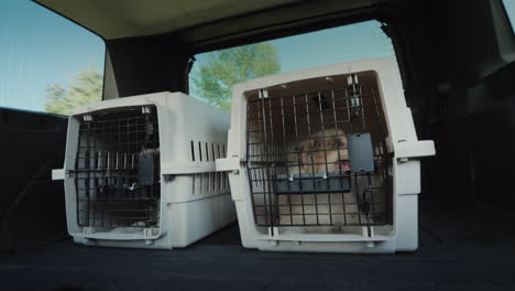 two cages for the transport of animals in the trunk of the car the car carries two cages with puppie