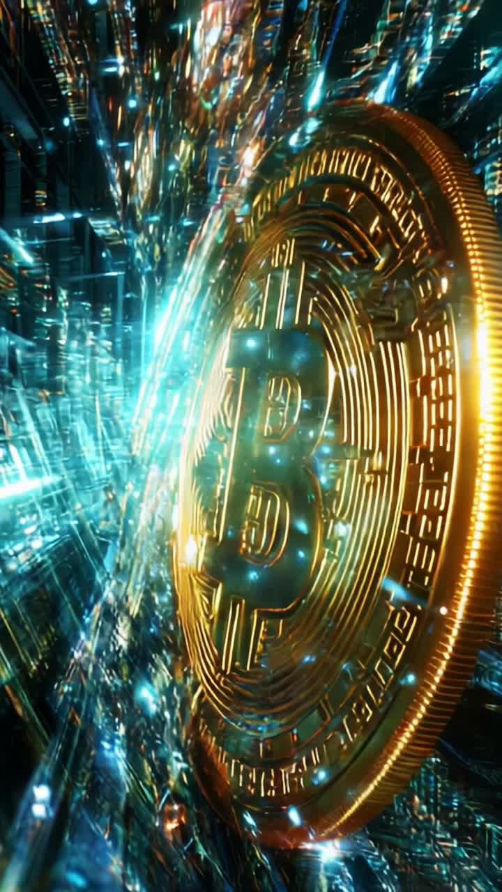 Dynamic Visualization of Bitcoin - The Digital Currency Revolution with a Stunning 3D Effect Showcasing the Golden Coin in a High-Tech Environment