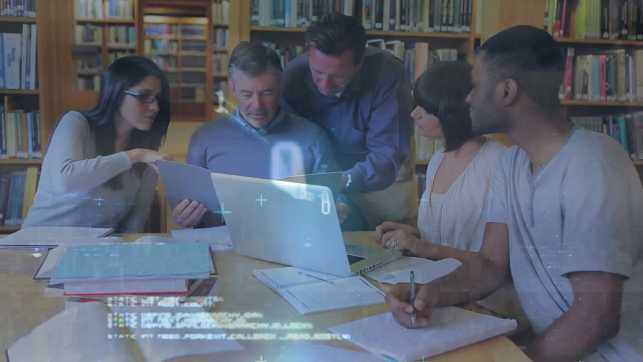 Animation of data processing over diverse people using laptop in warehouse