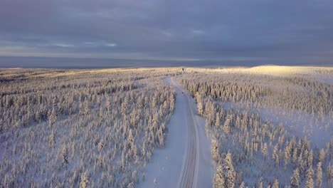 Tilt-up-forward-aerial-reveal-vast-snow-capped-forest-and-road,-Sweden