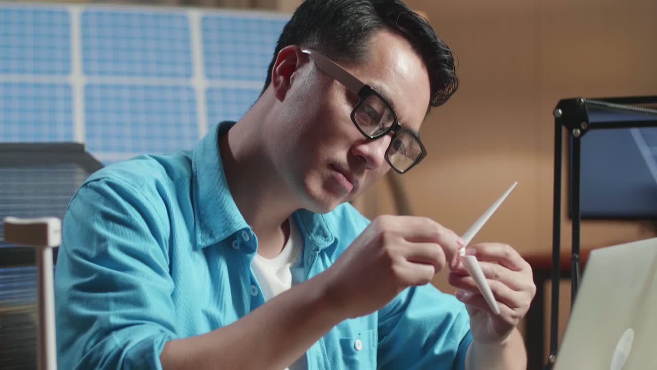 아시아인 남자가 사무실에서 노트북으로 작업하는 동안 풍력 터빈의 프로펠러를 바라보며 태양전지 앞에 앉아 있습니다.