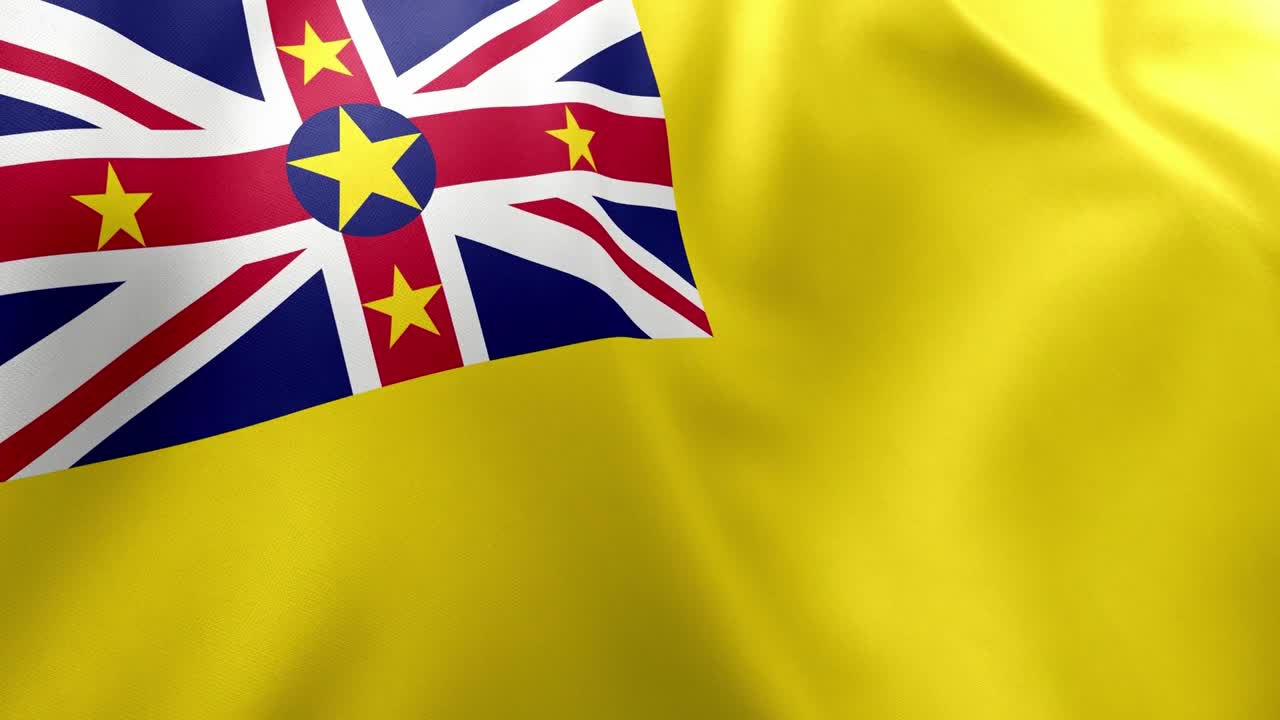 Realistic waving flag of Niue, yellow field, Union Jack with stars. Pacific island nation symbol, Alofi, self-governing, Niue