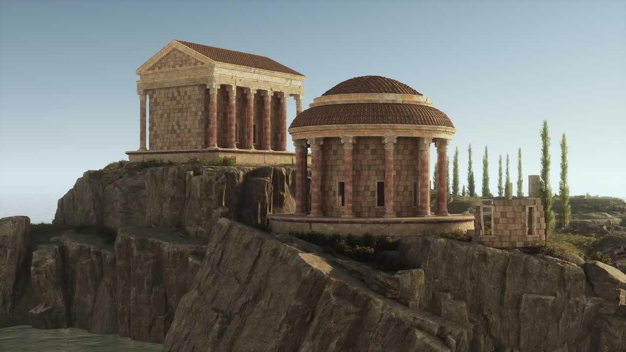Ruins of an ancient roman temple overlooking the rocky coast at sunset