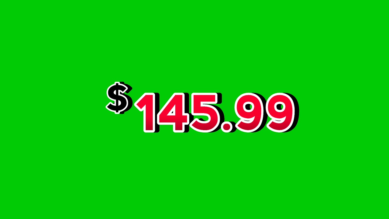 Grafica in movimento con cartellino rosso animato da 145,99 dollari ed effetti fumo su sfondo verde. Perfetto per pubblicità, e-commerce, vendita al dettaglio, sconti e video promozionali, elemento video per concept aziendale