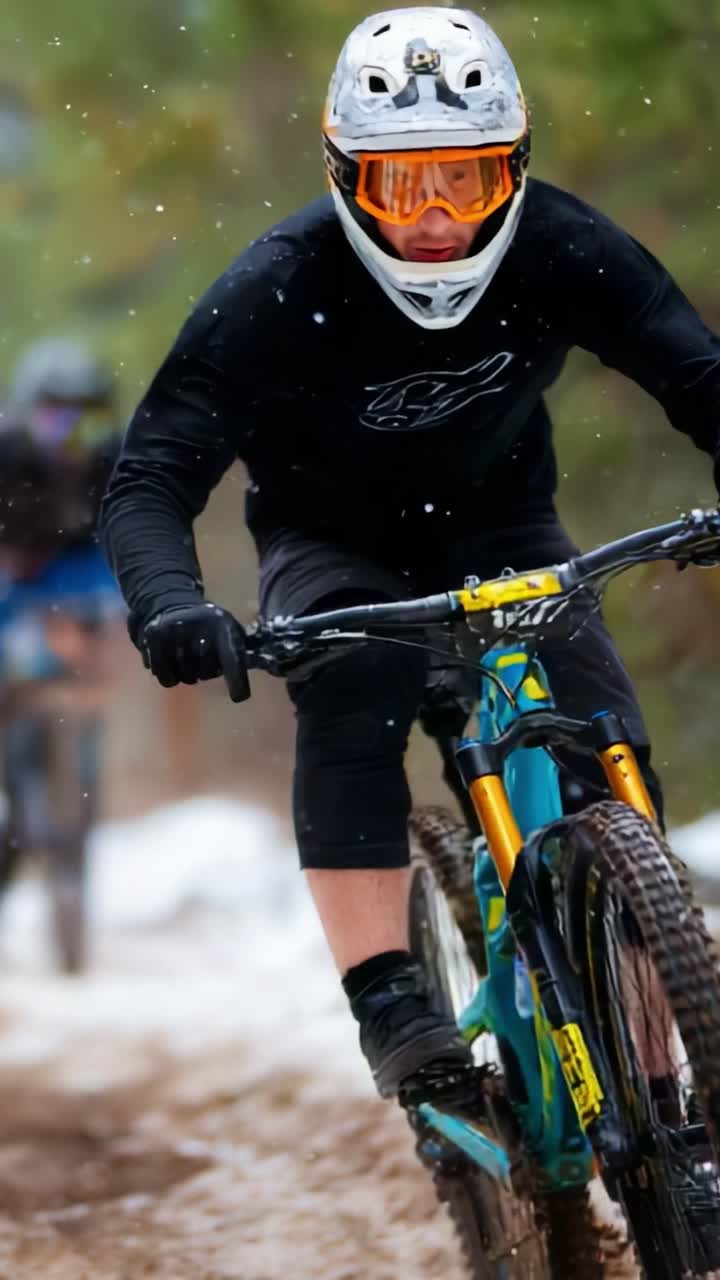 Dynamic Mountain Biking Action in Winter Conditions: Fearless Riders Navigating Snowy Trails with Skill and Precision, Demonstrating Passion and Thrill of Extreme Sports in a Stunning Natural Environment