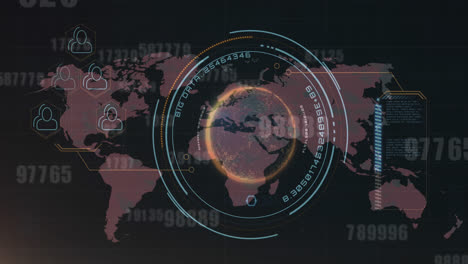 Round-scanner-over-multiple-changing-numbers-against-world-map-on-black-background