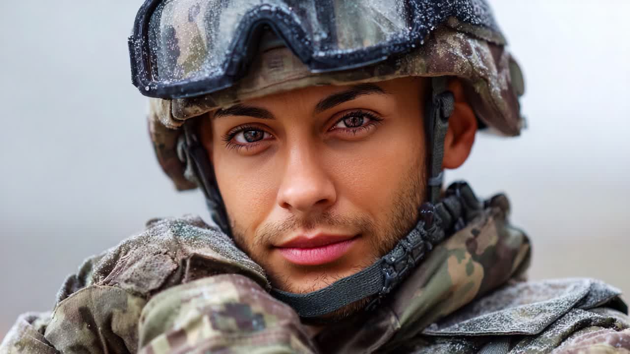 Ritratto di un soldato in tenuta invernale, che mostra resilienza e determinazione in condizioni difficili, evidenziando la preparazione e l'impegno militare