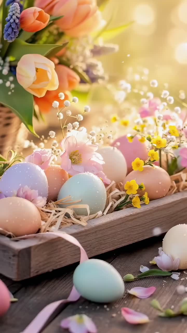 Un video ravvicinato di uova di Pasqua color pastello in un cestino rustico, circondate da fiori primaverili