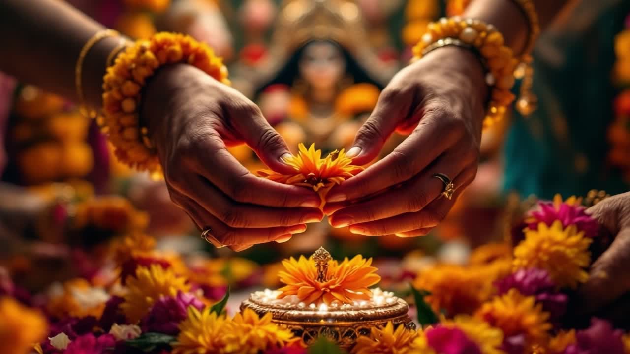 Hands adorned with vibrant floral garlands delicately arrange marigold flowers around a decorative centerpiece, capturing the essence of a festive ritual in a colorful setting