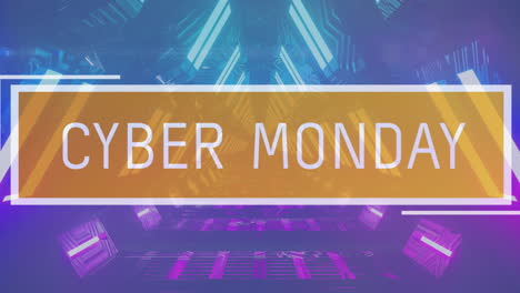 Animation-Des-Cyber-Monday-Textes-In-Orangefarbener-Box-über-Blauen-Rechteckigen-Lichtern-Auf-Blauem-Hintergrund