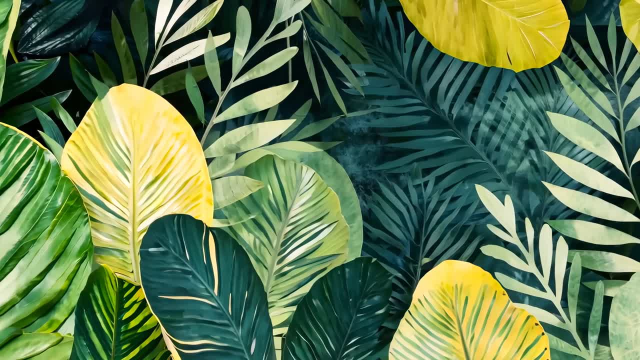 Foglie tropicali vibranti in stile flat lay, che mostrano verdi e gialli rigogliosi.