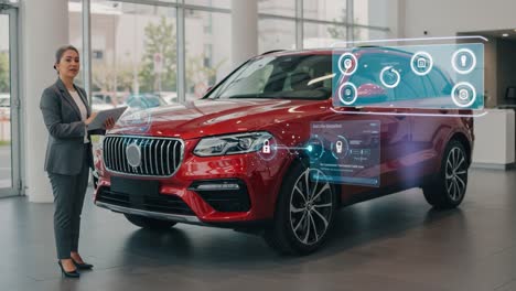 a professional woman interacts with a futuristic car display, navigating advanced features and security options in a modern automotive showroom setting
