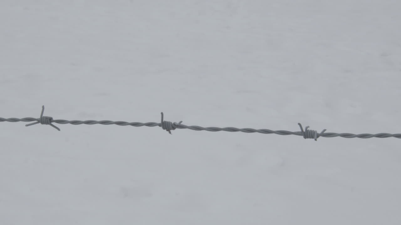 배경에 눈이 있는 철조망 위로 팬을 닫습니다.