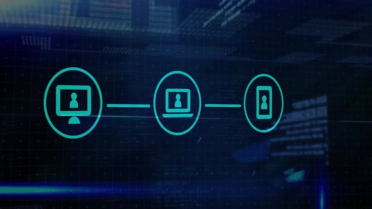 Animation of data processing and icons over dark background