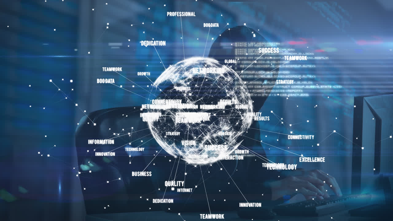 Animation of globe with network of connetions and data processing over male hacker in server room