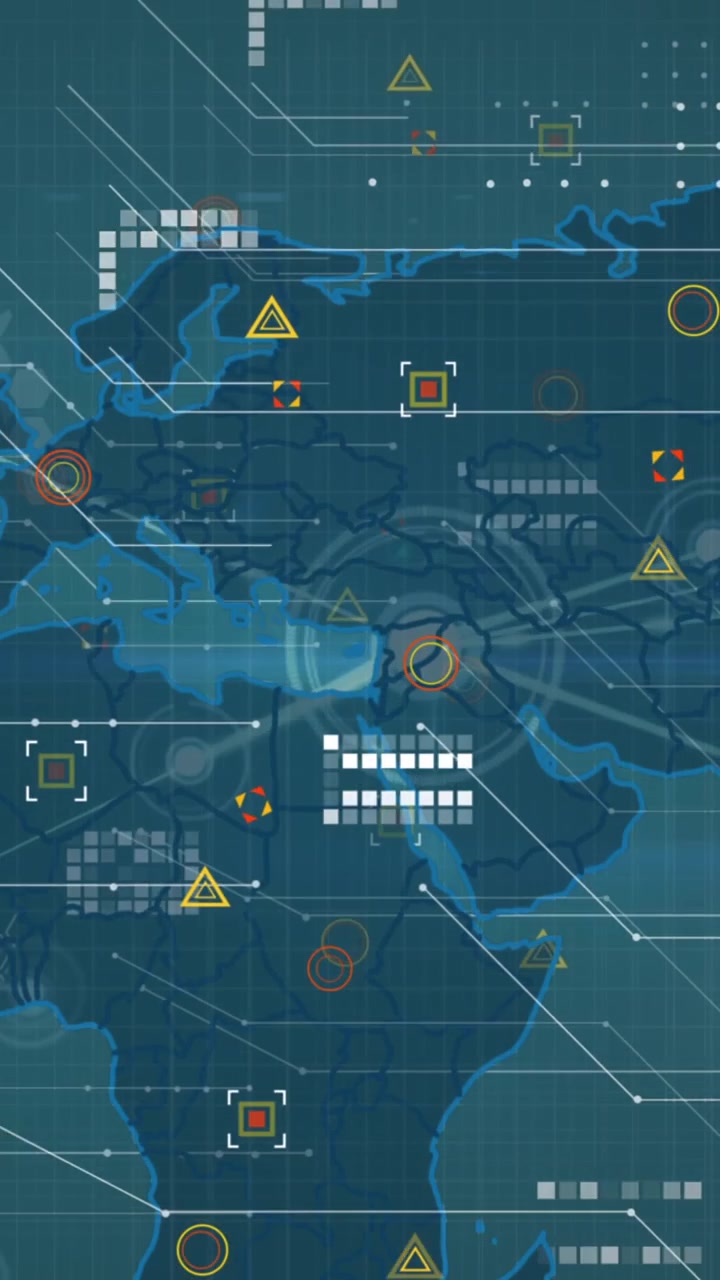 Animation of network of connections over world map and blue light trails on blue background