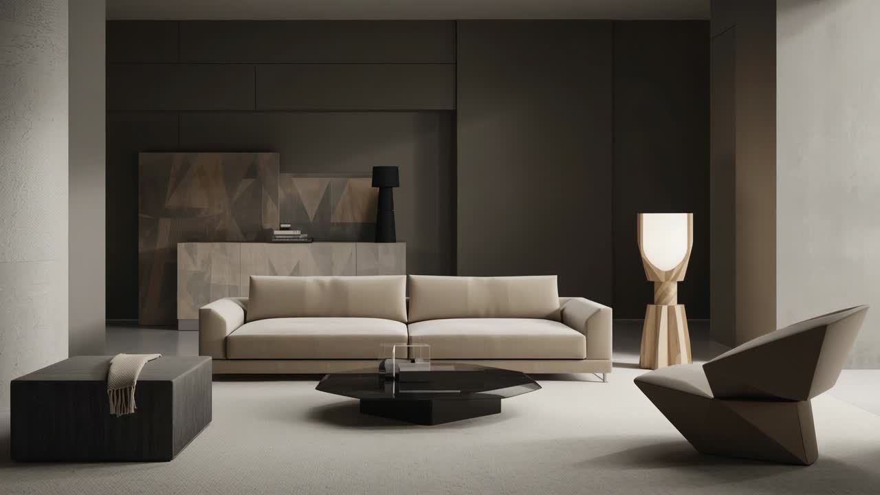 Camera holding static shot in minimalist lounge, showcasing beige sofa layout for styling