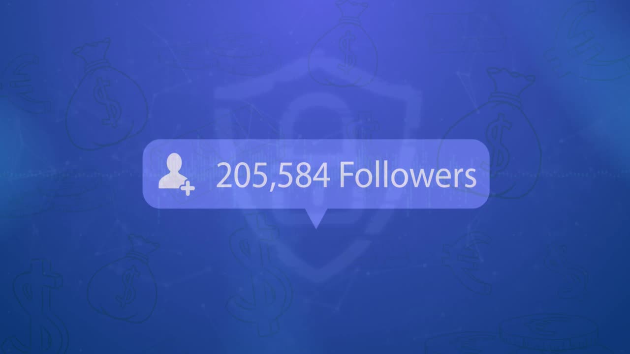Animation of social media followers notification over padlock and money bags on blue background