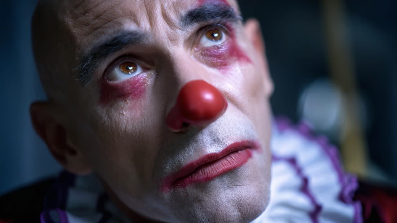 A reflective clown gazes upwards with a mix of sadness and curiosity, characterized by striking makeup, bright red nose, and expressive eyes in a dimly lit setting