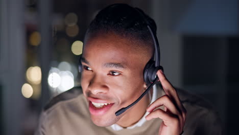 Black-man,-call-center-and-consulting-at-night