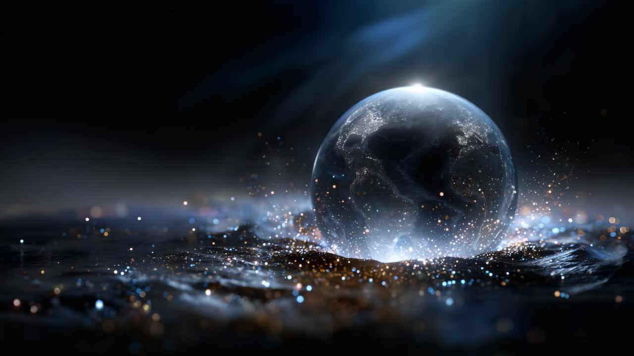 An awe-inspiring view of a shimmering planet emerging from a cosmic ocean, surrounded by sparkling particles and a mystical atmosphere, evoking a sense of wonder