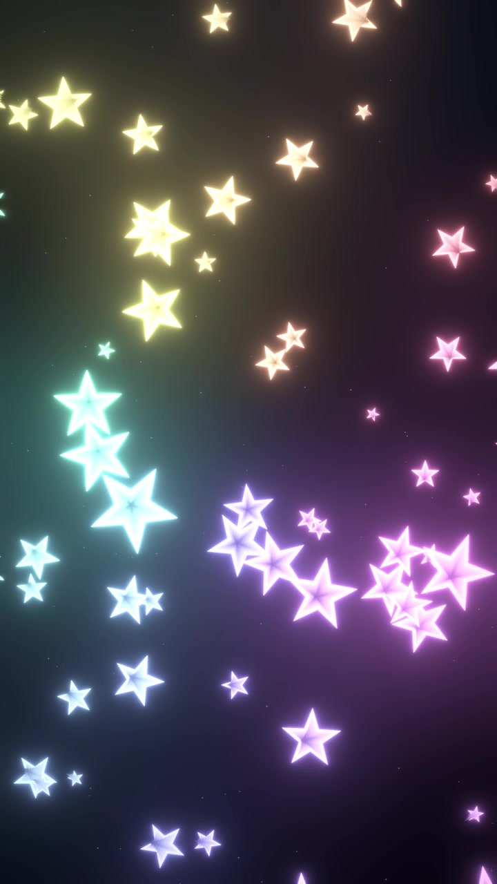 Colorful glowing stars orbit in a circular motion against a dark, starry background with vignette
