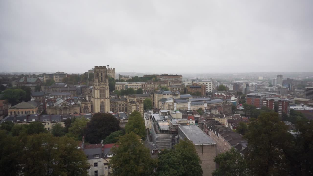 Still aerial shot of Wills Memorial Building in Bristol